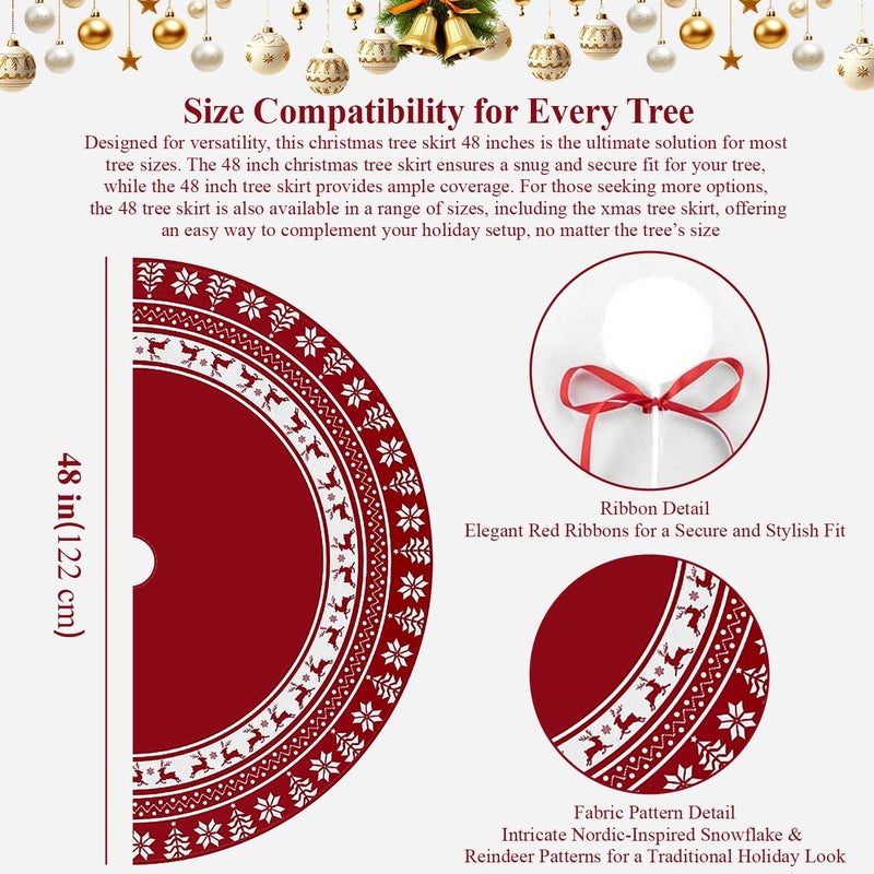 Lizuart Christmas Tree Skirt 48 Inches | Red Xmas Tree Skirt with Rustic Snowflake & Reindeer Pattern, Fits 5 to 7 Foot Trees, Perfect Christmas Decorations for Holiday Trees. - Image 3